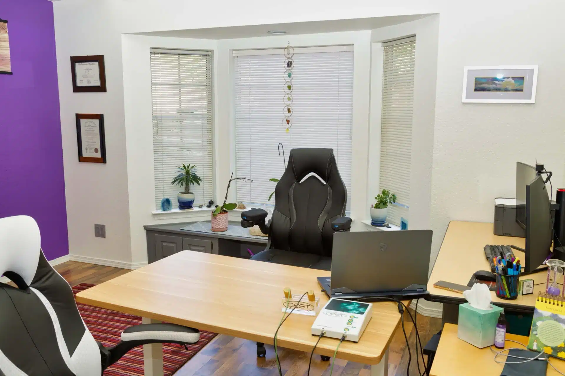 Office room desk and empty chair - Qest 4 bioenergetic scanning device on desk